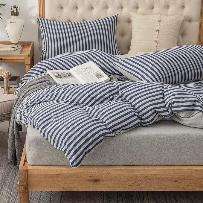 Organic PURE ERA Jersey Knit Duvet Cover Set T-Shirt Heather Cotton Super Soft Comfy Classic Striped Design with Zipper Closure Heather Grey Blue Stripe Queen Traditional