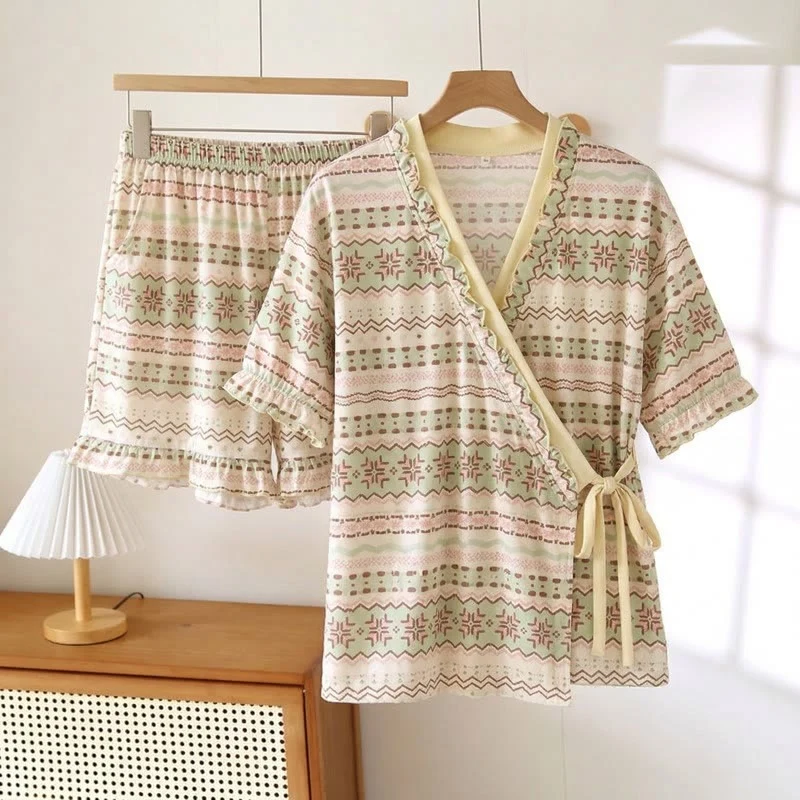 Crafted Ownkoti Geometric Pattern Ruffle Sleeve Pajama Set Dependable