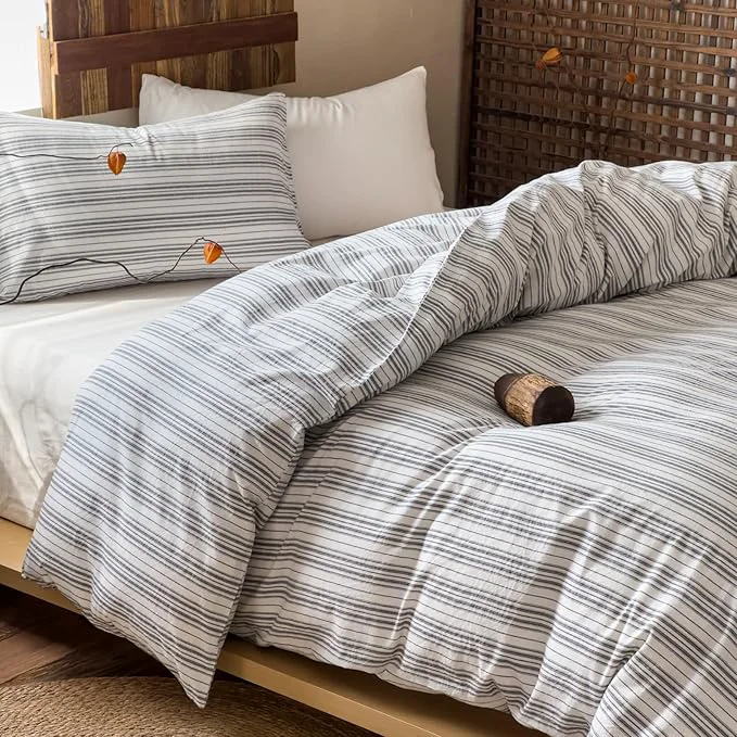 Elegant EAVD Retro Grey White Striped Duvet Cover Queen Soft Washed Cotton Reversible Striped Bedding Set with 2 Pillowcases Farmhouse Geometric Pattern Duvet Cover with Zipper Closure Recyclable