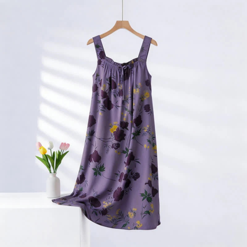 Easy-to-Use Ownkoti Purple Floral Print Sleeveless Nightgown Carefully Designed