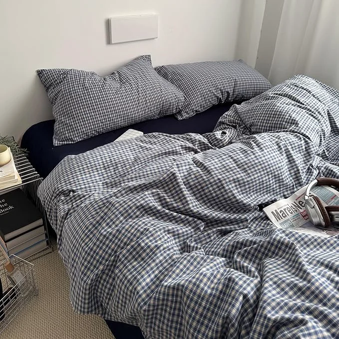 Trendy EAVD Vintage Blue Plaid Gingham Duvet Cover King Soft Washed Cotton Reversible Grid Plaid Checkered Gingham Bedding Set with 2 Pillowcases Farmhouse Blue Plaid Duvet Cover with Zipper Breathable
