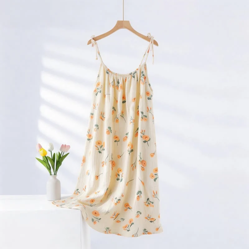 Outstanding Ownkoti Orange Floral Cotton Gauze Camisole Nightgown High-Grade