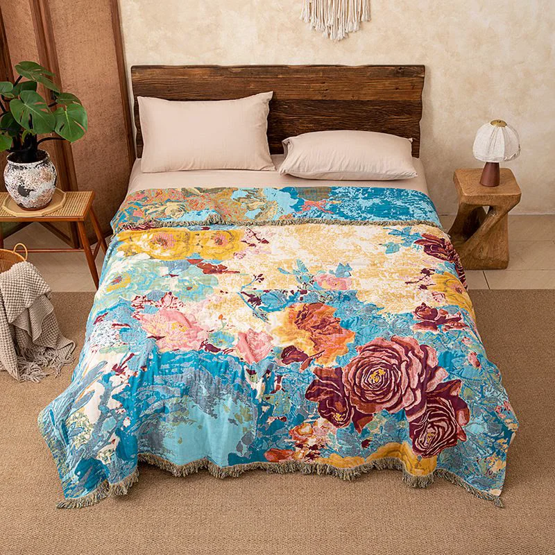 Crafted Ownkoti Rose Cotton Gauze Tassel Quilt Blanket Natural