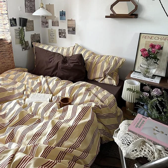 Traditional mixinni Vintage Striped Comforter Set Full Size – Soft Cotton 3-Piece Boho Bedding Set 1 Comforter 2 Pillowcases Rustic Red-Brown Geometric Stripes Ultra-Soft amp Breathable for All Seasons Enhanced
