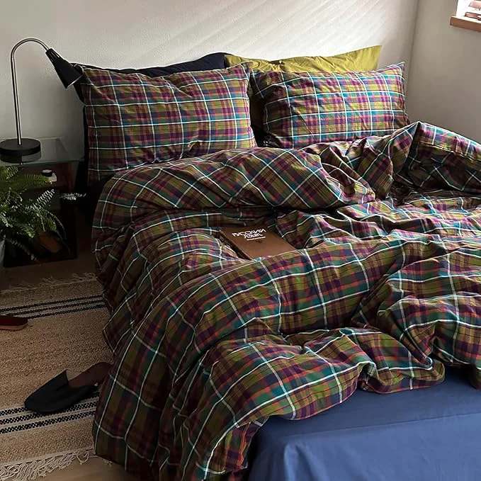 Unique mixinni Vintage Multicolor Gingham Comforter Set Queen Size – Washed Cotton 3-Piece Retro Plaid Pattern Bedding Set 1 Comforter 2 Pillowcases All-Season Lightweight amp Breathable Premium Material