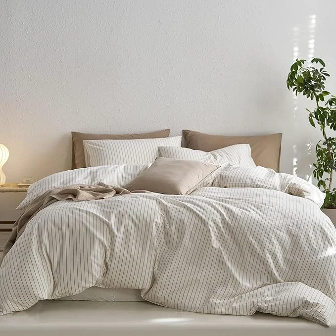 Relaxed MooMee Striped Duvet Cover Set Washed Cotton Linen Like Textured Breathable Durable Soft Comfy White Tannish Linen Grey Wide Stripes Cal King 104 quot x98 quot Specialty