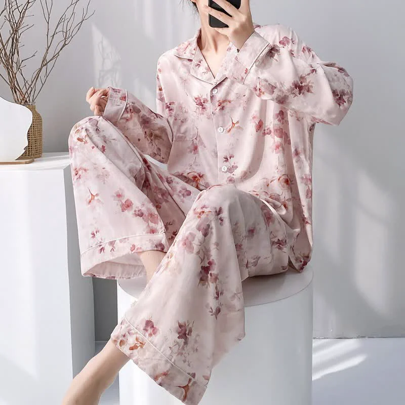 Solid Ownkoti Pink Ink Wash Floral Pajama Set Refined