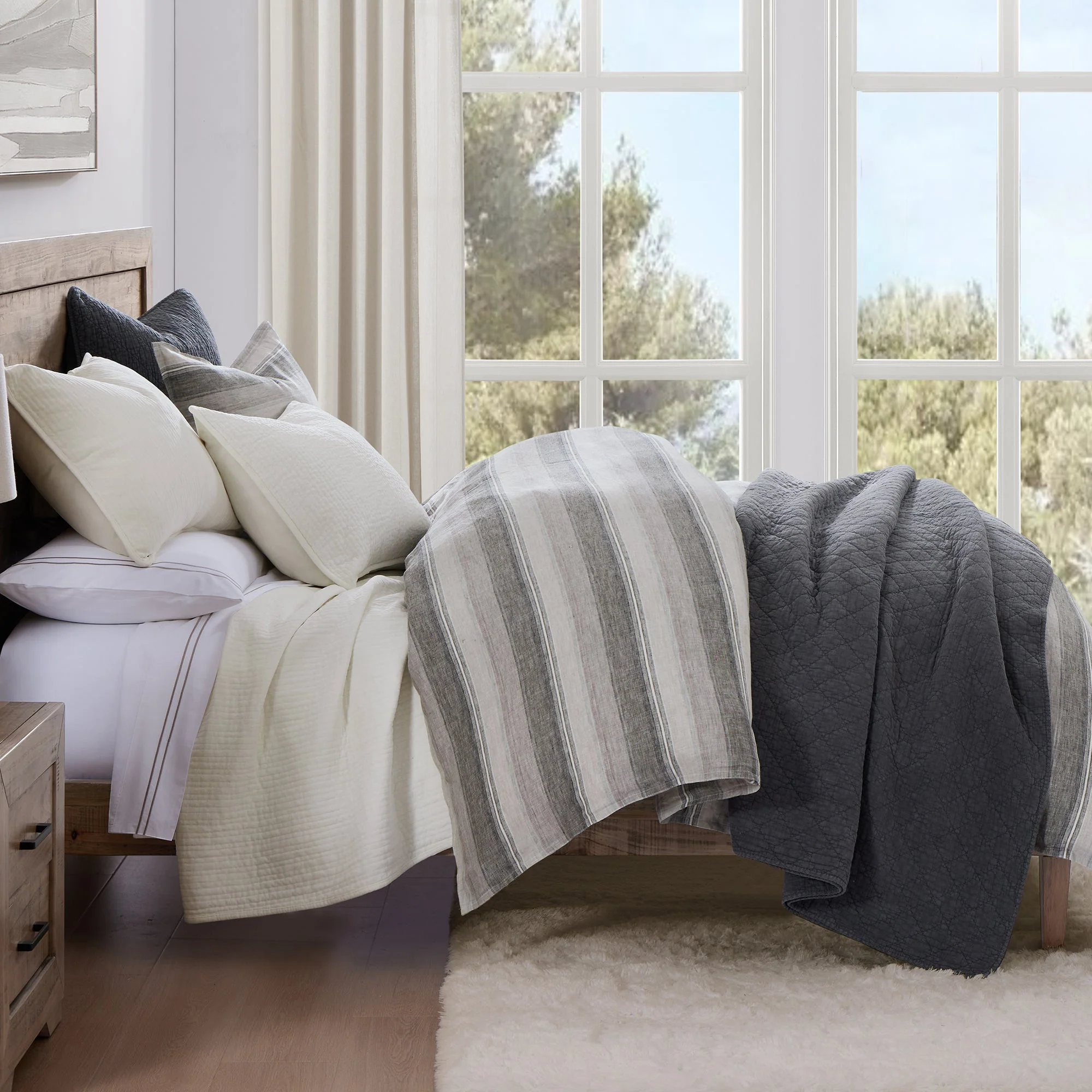 Comfortable French Flax Linen Variegated Stripe Duvet Cover Set 3 Pc Long-Lasting