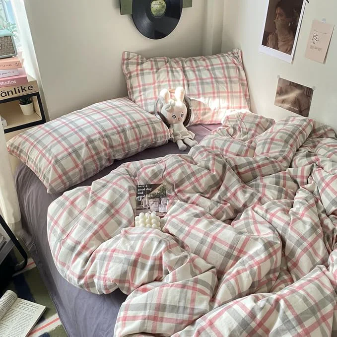 Original EAVD Vintage Style Plaid Duvet Cover Queen Grey Pink Grid Soft Washed Cotton Reversible Bedding Set Farmhouse Grid Checkered Bedding Set with 2 Pillowcases Modern Gingham Duvet Cover with Zipper Casual
