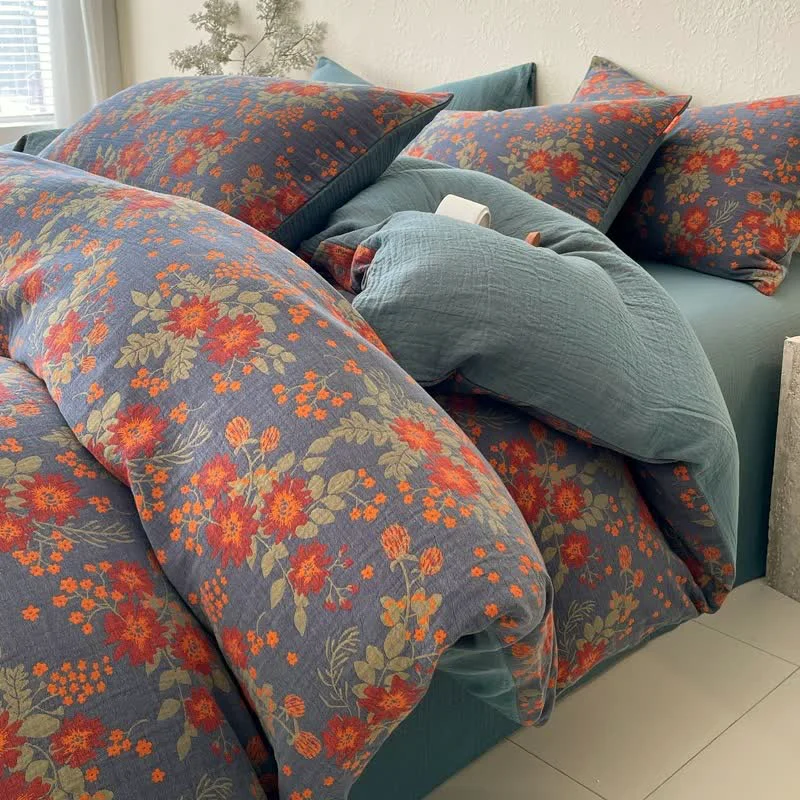 Long-Lasting Ownkoti Retro Floral Cotton Gauze Bedding Set 4PCS Efficient