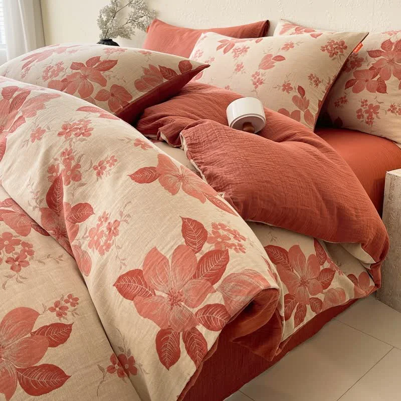 Flexible Ownkoti Floral Leaf Cotton Double Gauze Bedding Set 4PCS Exceptional