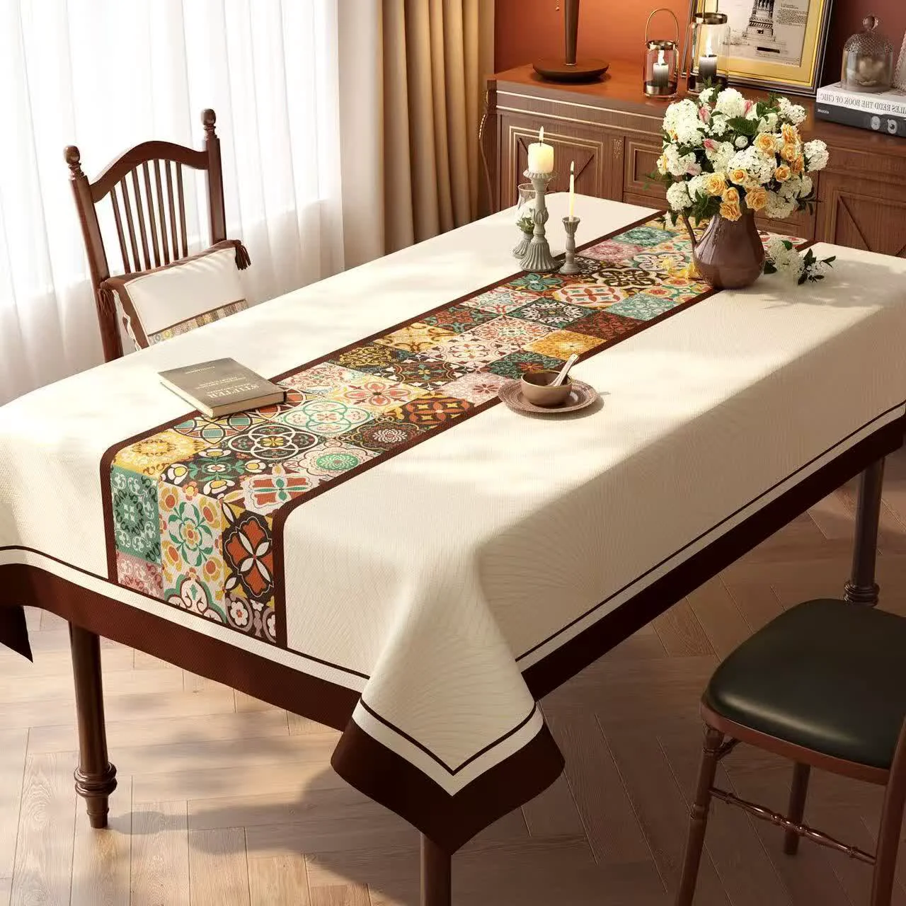 Refined Ownkoti Boho Moroccan Tile Patchwork Tablecloth High-End