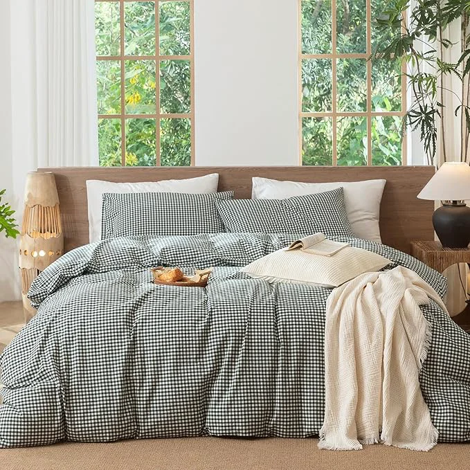 Detailed MooMee Gingham Duvet Cover Set Washed Cotton Linen Like Textured Breathable Durable Soft Comfy Modern Checkered Design Mini Gingham Forest Green Oversized Full 82 quot x86 quot Official
