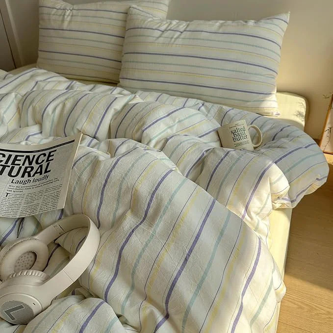 Carefully Designed EAVD Retro Striped Duvet Cover Set Twin Size Cotton Chic Stripes Printed Bedding Set with 2 Pillowcases Vintage Geometric Pattern Duvet Cover with Zipper Closure Yellow amp Purple amp Blue Twin Outstanding