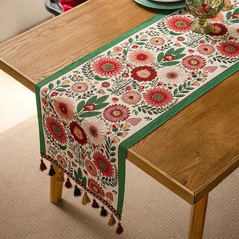 Elite Ownkoti Pink Floral Jacquard Tassel Table Runner Eco-Friendly