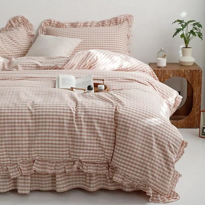 Luxury mixinni Vintage Pink Gingham Ruffle Comforter Set 3-Piece Washed Cotton Full Size Grid Bedding Set with Geometric Checkered Pattern Farmhouse Chic Soft Fluffy Comforter for All-Season Easy-to-Use