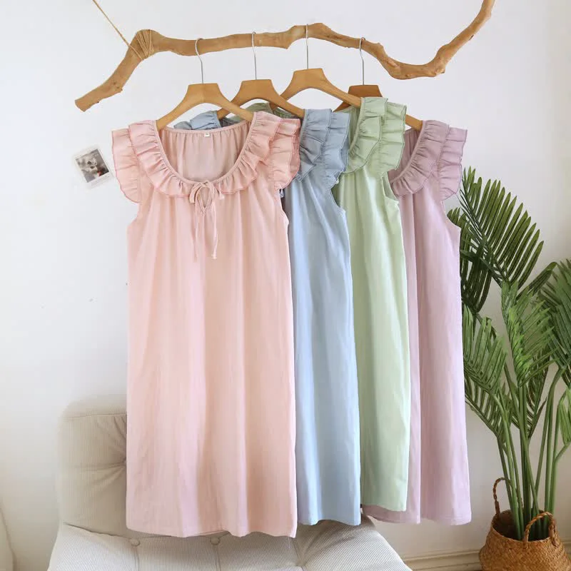 Professional Ownkoti Cotton Gauze Solid Flutter Sleeve Nightdress Specialty