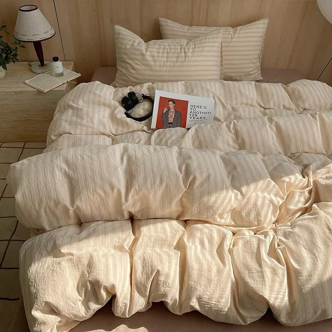 Dependable mixinni Striped Comforter Set Full Size – Beige Comforter with Black White Stripes Pattern 3 Pieces All Seasons Bedding Set Soft Breathable Vintage Farmhouse Comforter with Pillowcases World-Class