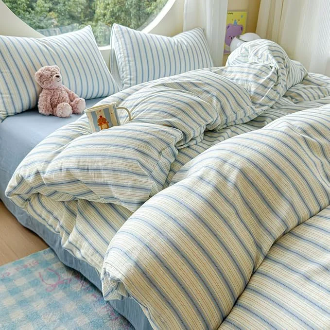 Original Design EAVD Vintage Striped Duvet Cover Twin Soft Muslin Cotton Linen Feel Gauze Farmhouse Blue Vertical Striped Pattern Bedding Set for Boy Girl Reversible Geometric Duvet Cover with Zipper Closure Sustainable