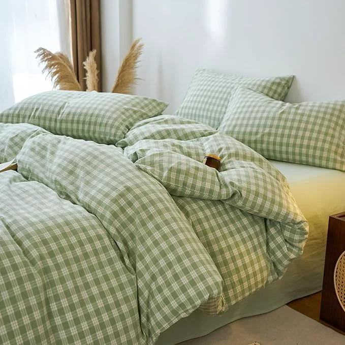 Professional EAVD Vintage Style Green amp White Plaid Gingham Duvet Cover Twin Soft Washed Cotton Fresh Grid Checkered Gingham Bedding Set with 2 Pillowcases Farmhouse Green Plaid Duvet Cover with Zipper Closure Powerful