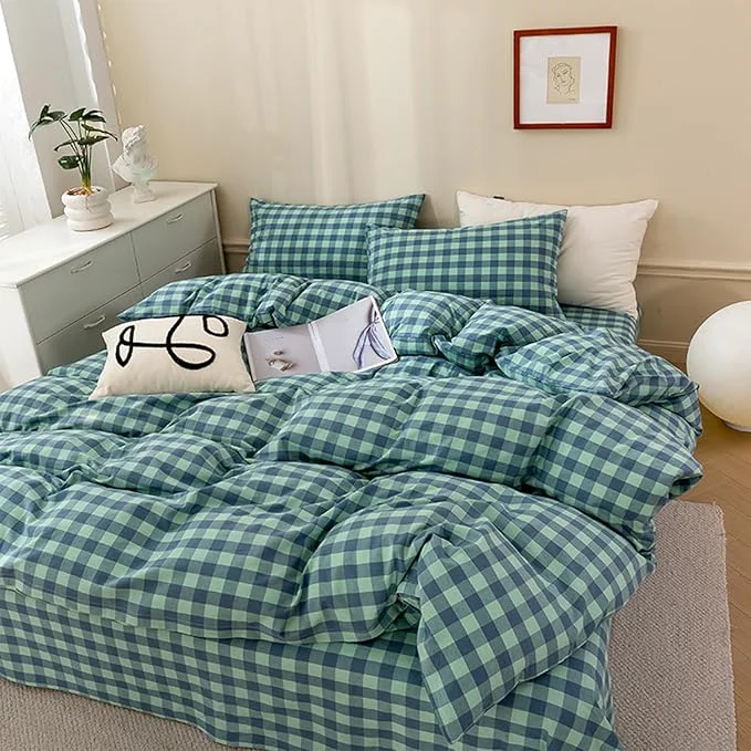 Effective EAVD Mini Grid Plaid Duvet Cover Twin Soft Cotton Green Blue Plaid Bedding Set with 2 Pillowcases Modern Simple Checkered Geometric Duvet Cover with Zipper Closure High-Quality