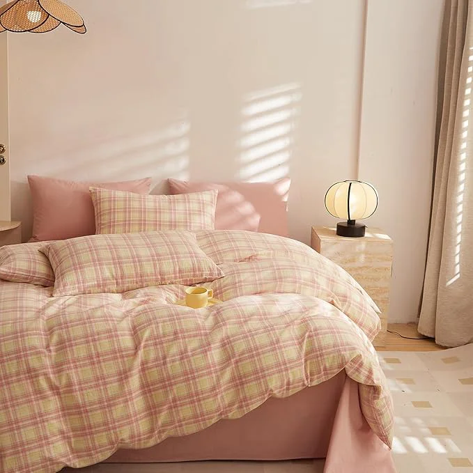 Elegant EAVD Yellow and Pink Plaid Duvet Cover Twin Soft Washed Cotton Gingham Duvet Cover Set 3-Piece Modern Grid Checkered Pattern Bedding Set with 2 Pillowcases Zipper Closure for All-Season Effective