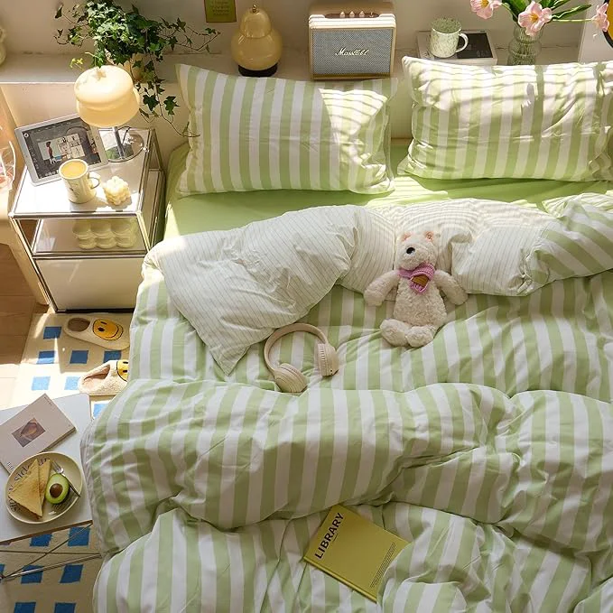 Fine Crafted EAVD Green Striped Duvet Cover King Soft Washed Microfiber Chic Vertical Striped Bedding Set with 2 Pillowcases Reversible Farmhouse Geometric Duvet Cover with Zipper Closure Exclusive