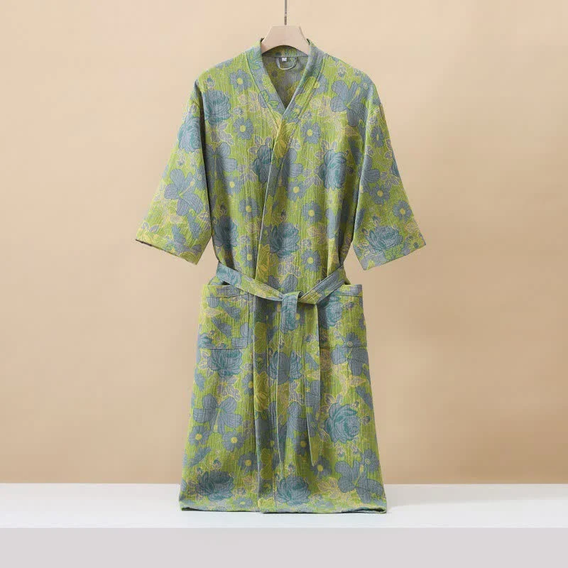 Durable Ownkoti Green Floral Cotton Double Gauze Robe Efficient