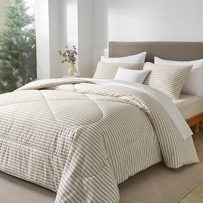 Reliable mixinni Tan Striped Comforter Set Full Size – Beige Stripes Pattern Bed Set for All Season 3 Pieces Lightweight Bedding Comforter Sets for All Seasons 1 Soft Fluffy Comforter 2 Pillowcases World-Class