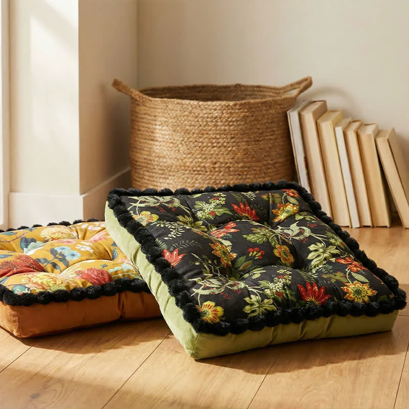 Long-Lasting Ownkoti Vintage Floral Seat Cushion with Pom-Pom Trim Flexible