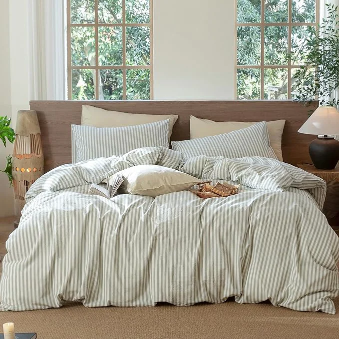 Flexible MooMee Striped Duvet Cover Set Washed Cotton Linen Like Textured Breathable Durable Soft Comfy Sage Green White Classic Stripes Cal King 104 quot x98 quot First-Class