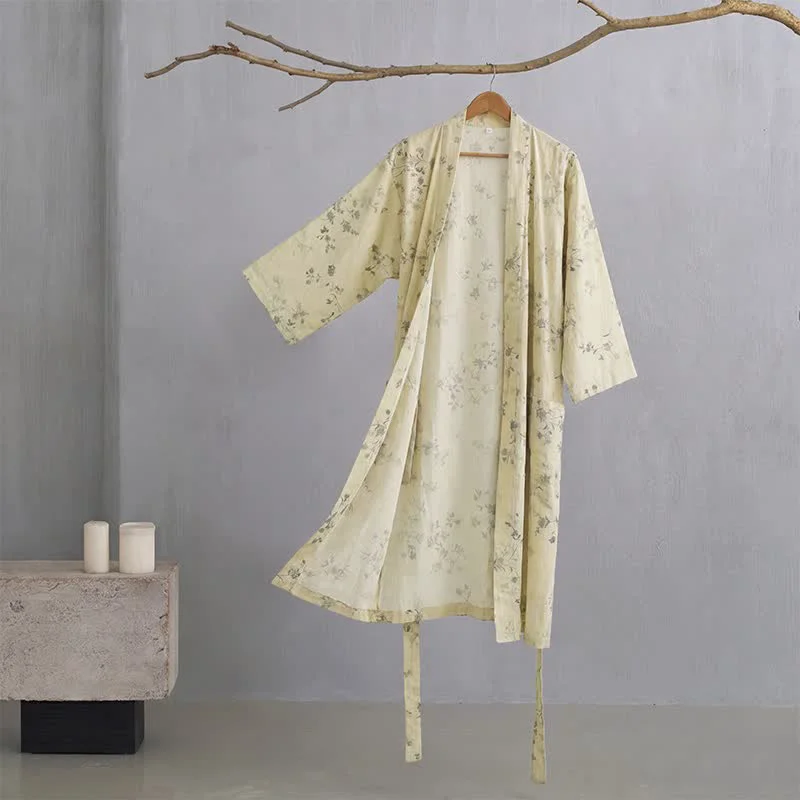 Modern Ownkoti Elegant Floral Cotton Linen Kimono Robe High-End