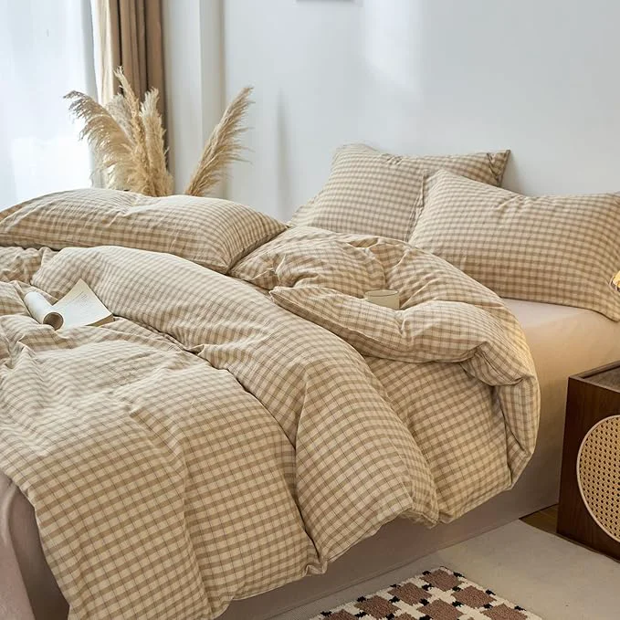 Detailed EAVD Vintage Style Brown amp Beige Plaid Duvet Cover Twin Soft Washed Cotton Chic Checkered Gingham Bedding Set with 2 Pillowcases Farmhouse Brown Gingham Duvet Cover with Zipper Closure Authentic