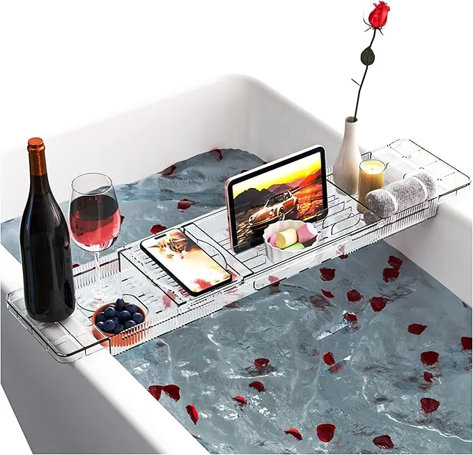 Official Yieach Luxury Tub Tray for Bathtub Expandable Plastic Bath Board Table Elegant
