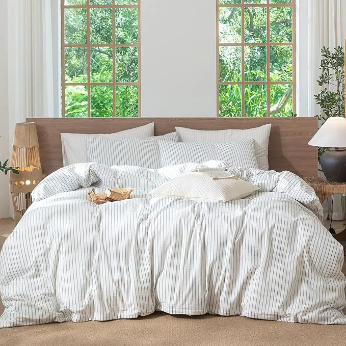 Clean MooMee Striped Duvet Cover Set Washed Cotton Linen Like Textured Breathable Durable Soft Comfy White Heathered Green Wide Stripes Oversized Queen 98 quot x98 quot Exclusive