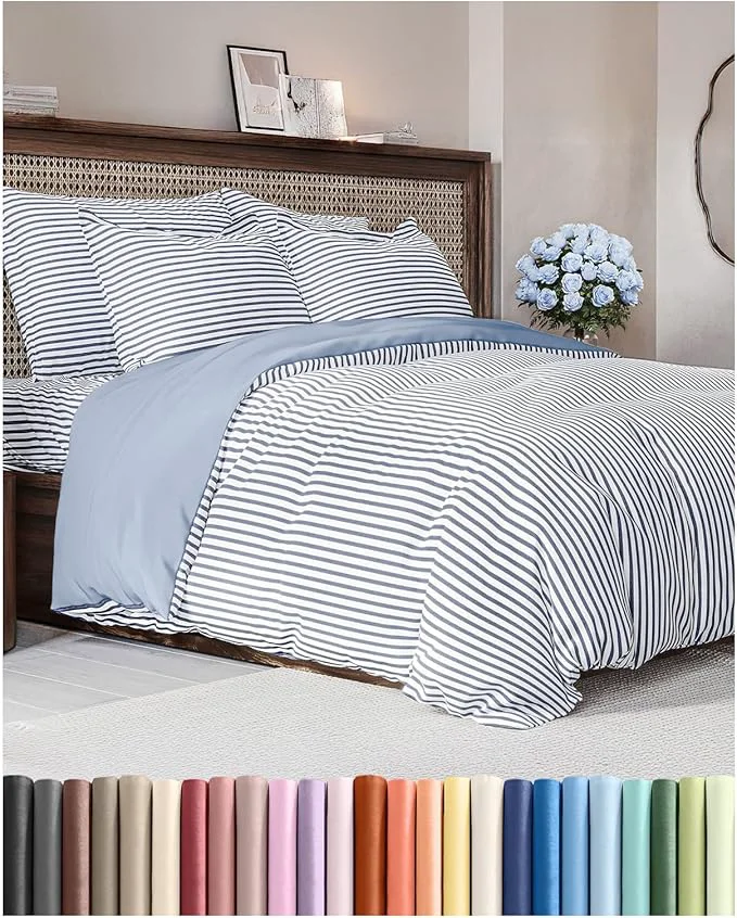 Powerful Duvet Cover Cal King Size Set – Extra Soft Cal King Duvet Cover 104 quot x 98 quot with 2 Pillow Shams – Hotel Luxury Easy Care amp Fade w Zipper Closures amp Ties – Comfy Cozy amp Breathable Blue Stripes Green