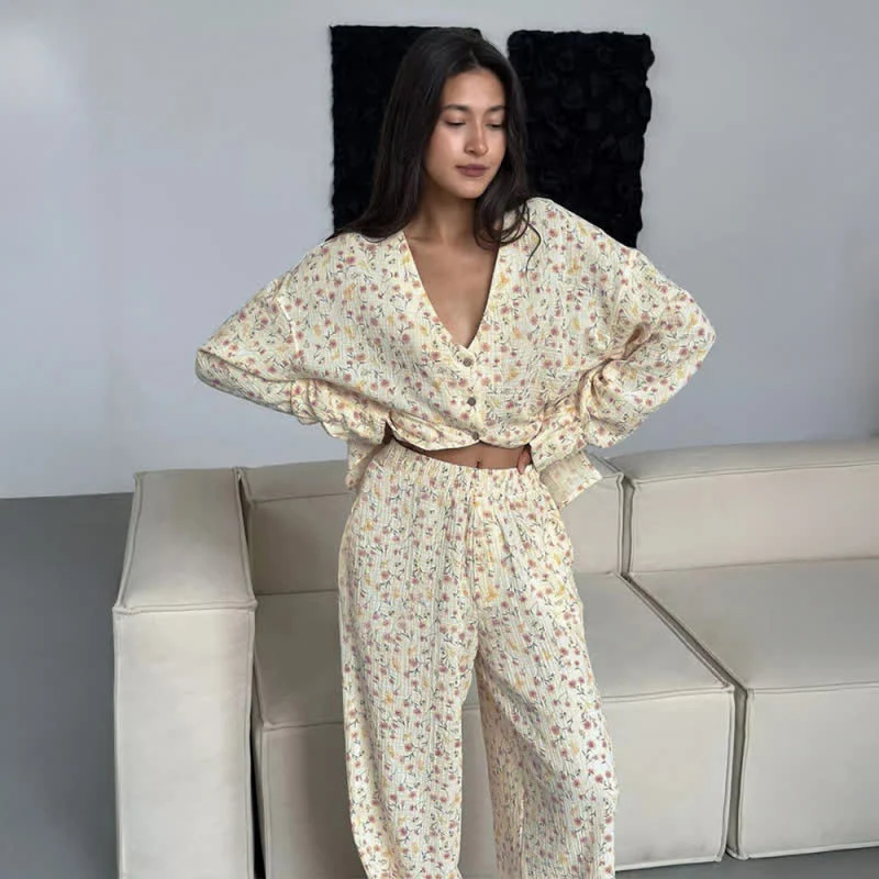 Minimalist Ownkoti Cotton V-Neck Floral Pajama Set Powerful