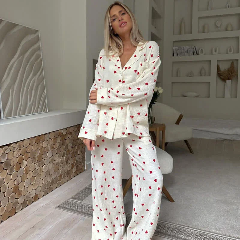Functional Ownkoti Cotton Red Heart Print Pajama Set Breathable