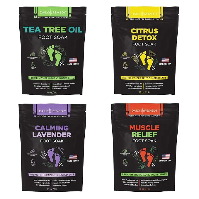 Classic DAILY REMEDY Foot Soak Salts- Variety Pack of 4- Tea Tree Oil Muscle Relief Official