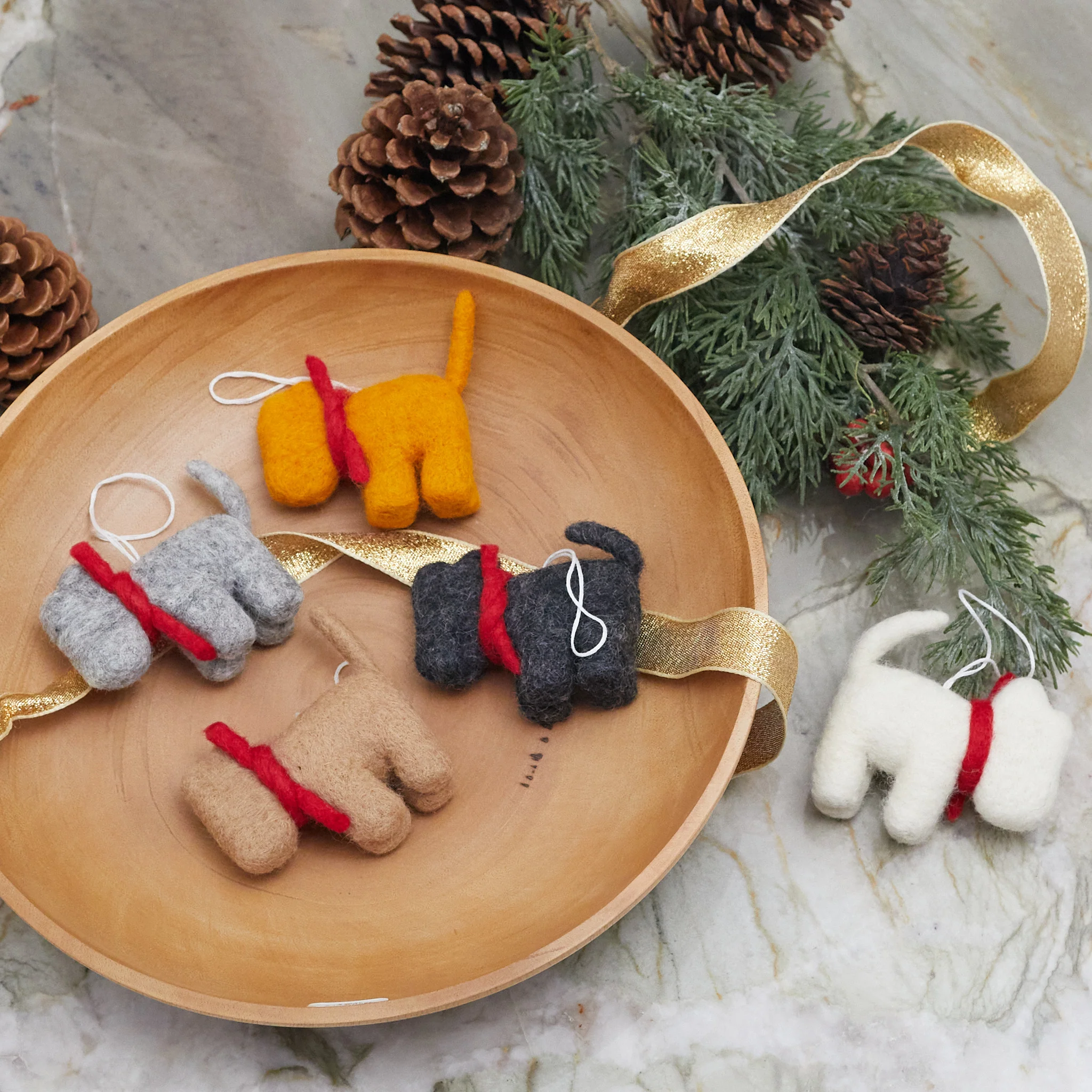 Natural Winter Dog Felt Ornaments Set of 5 Eco-Friendly