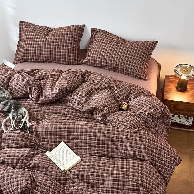 Elite EAVD Vintage Style Burgundy Gingham Duvet Cover Twin Washed Cotton Like Linen Feel Soft Checkered Grid Plaid Bedding Set with 2 Pillowcases Farmhouse Grid Geometric Duvet Cover with Zipper Safe