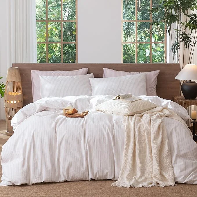 Advanced MooMee Striped Duvet Cover Set Washed Cotton Linen Like Textured Breathable Durable Soft Comfy White Heathered Greyish Pink Wide Stripes Oversized Full 82 quot x86 quot World-Class
