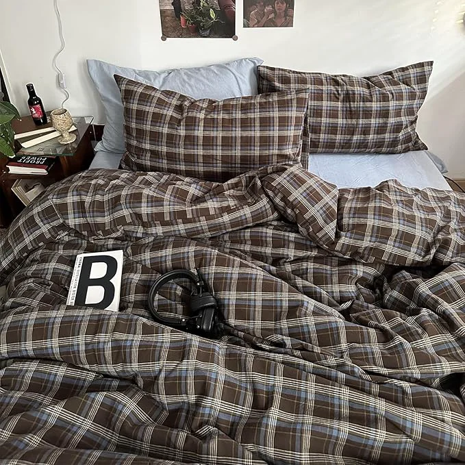 Trendy mixinni Vintage Blue amp Brown Buffalo Plaid Comforter Set Queen Size – 3-Piece Washed Cotton Soft Geometric Checkered Pattern Bedding Set for All-Seasons Lightweight amp Breathable-Queen Size Advanced