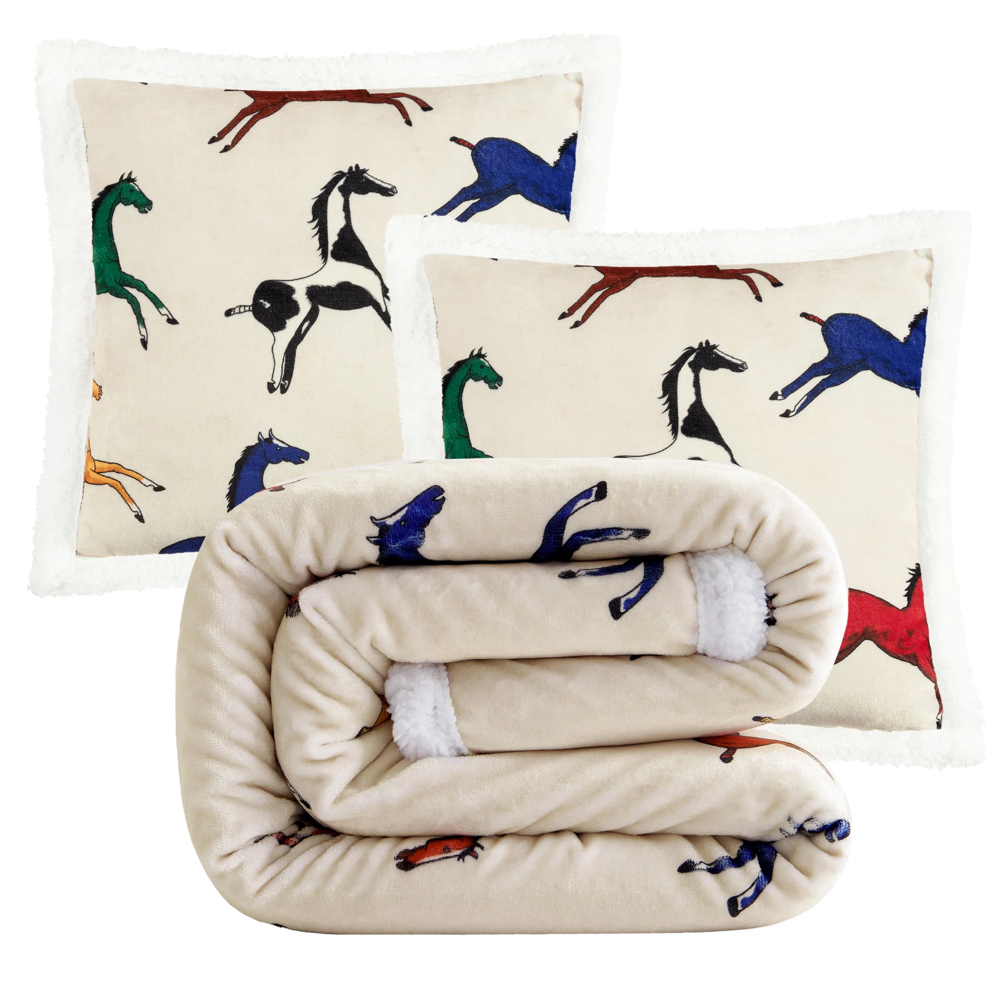 Sustainable Wild Horses Campfire Sherpa Throw Set 3 Pc Elegant