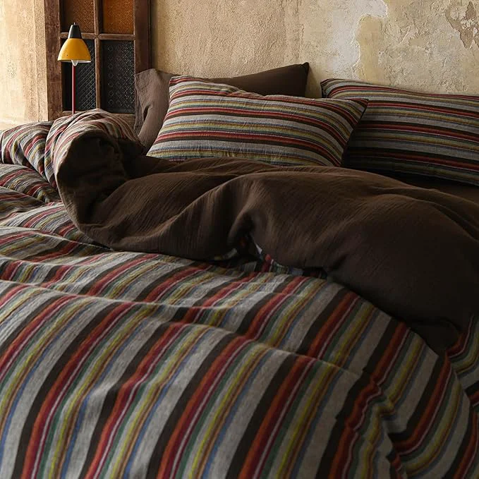 Solid EAVD Retro Striped Duvet Cover Set King Soft Cotton Muslin Bohemian Colorful Vertical Striped Bedding Set with 2 Pillowcases Rustic Farmhouse Style Geometric Pattern Duvet Cover with Zipper Stylish