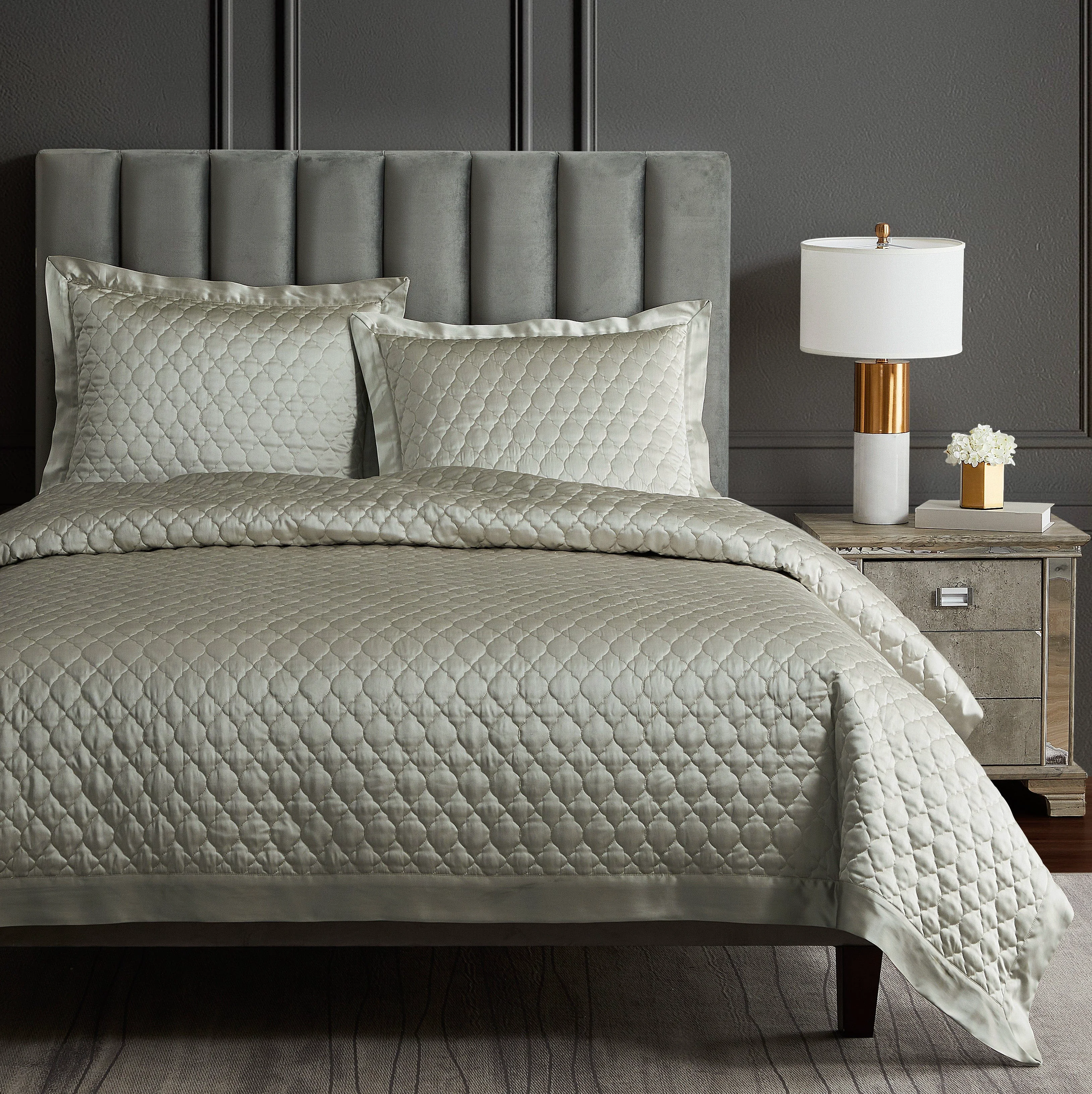 Exclusive High Shine Satin Quatrefoil Quilt Set 3 Pc Proven