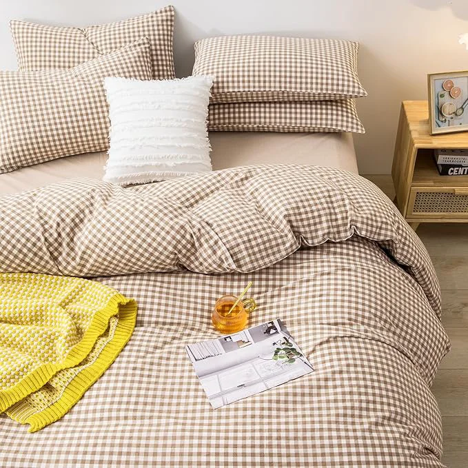 Fine Crafted mixinni Tan Gingham Comforter Set Queen Plaid Comforter Set 3 Pieces 1 Beige Grid Comfoter with 2 Pillow Cases for All Seasons Soft Fluffy Modern Grid Pattern Printed Bedding-Queen Size Recyclable