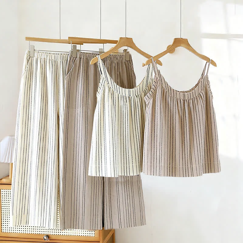 Fashionable Ownkoti Minimalist Striped Cotton Sleeveless Pajama Set High-Quality