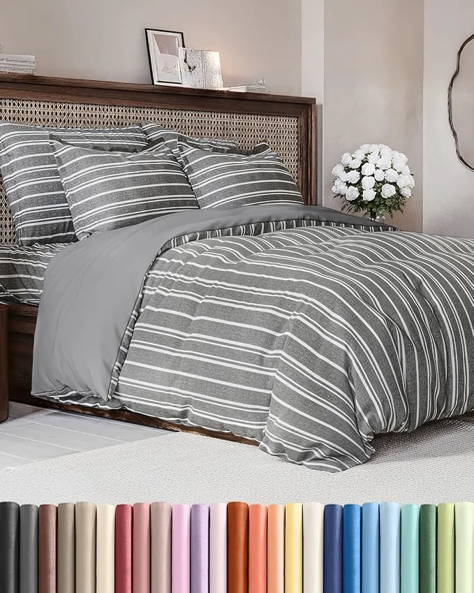 Duvet Cover Full Size Set – Extra Soft Full Duvet Cover 80 quot x 90 quot with 2 Pillow Shams – Hotel Luxury Easy Care amp Fade with Zipper Closures amp Ties – All Season Comfy amp Breathable Grey Stripes Excellent