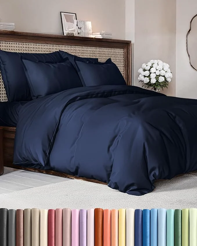 Exceptional Duvet Cover Queen Size Set – Extra Soft Queen Duvet Cover 90 quot x 90 quot with 2 Pillow Shams – Hotel Luxury Easy Care amp Fade w Zipper Closures amp Ties – All Season Comfy and Breathable Navy Blue Organic